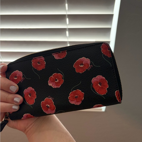 Coach Black Zip Wallet with Red Floral Print - Picture 3 of 3